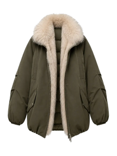Fireladyfur Warm Dialogue Army Green two-tone fox fur down parka front cutout