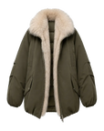 Fireladyfur Warm Dialogue Army Green two-tone fox fur down parka front cutout