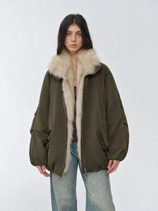 Model wearing Fireladyfur Warm Dialogue Army Green fox fur down parka front view