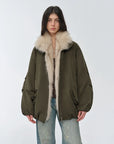 Model wearing Fireladyfur Warm Dialogue Army Green fox fur down parka front view
