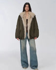 Full-length model view of Fireladyfur Warm Dialogue Army Green fox fur down parka