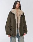 Close front model view of Fireladyfur Warm Dialogue Black two-tone fox fur down parka