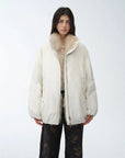 Model wearing Fireladyfur Warm Dialogue Original White fox fur down parka front view