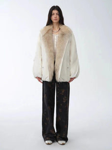 Full-length front view of Fireladyfur Warm Dialogue Original White fox fur down parka
