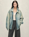 Firelady Fur Warm Mist Glass Blue denim parka with SAGAFURS fox fur collar open front model view