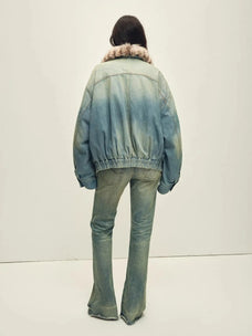 Back view of Firelady Fur Warm Mist Glass Blue denim parka with detachable fox fur collar
