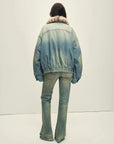 Back view of Firelady Fur Warm Mist Glass Blue denim parka with detachable fox fur collar