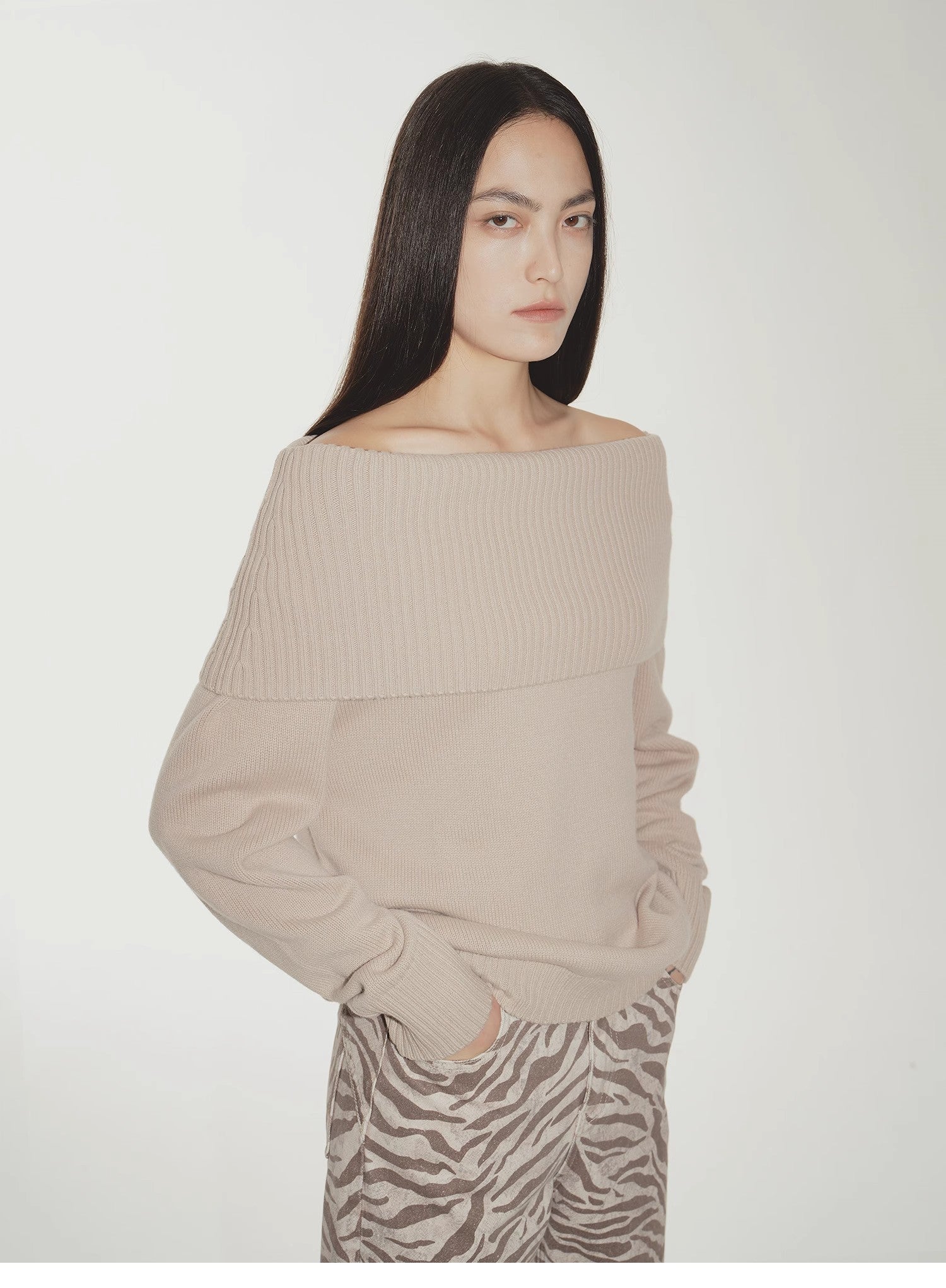 "Warm Women's Formula" French simple and versatile merino wool blended one - neck off - the - shoulder sweater - variant_title
