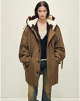 Fireladyfur Wild Heartbeat autumn birch coffee merino sheepskin parka front view