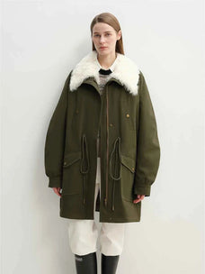 Military green Letrans Wilderness Poem women's down parka with detachable wool collar model front view