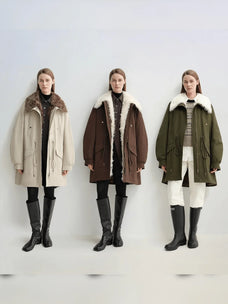 Letrans Wilderness Poem women's down parka color comparison in off-white, coffee, and military green