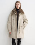 Off-white Letrans Wilderness Poem women's down parka with detachable wool collar worn front view