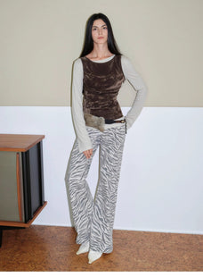 "Wilful Zebra" custom zebra print yeast stone washed low waist flared jeans for women - variant_title