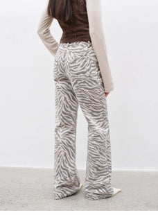 "Wilful Zebra" custom zebra print yeast stone washed low waist flared jeans for women - variant_title