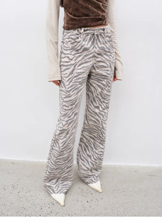 "Wilful Zebra" custom zebra print yeast stone washed low waist flared jeans for women - variant_title