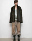 Winter Love Island ink gray long lapel shearling coat full-length model view