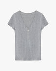 Women's Loose Australian Wool Tencel Deep V - neck Zipper Short Sleeve Tops T-shirt"Tunic Blouses Simple Color Silent Film" - variant_title