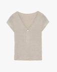 Women's Loose Australian Wool Tencel Deep V - neck Zipper Short Sleeve Tops T-shirt"Tunic Blouses Simple Color Silent Film" - variant_title