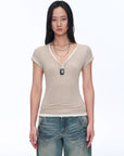 Women's Loose Australian Wool Tencel Deep V - neck Zipper Short Sleeve Tops T-shirt"Tunic Blouses Simple Color Silent Film" - variant_title