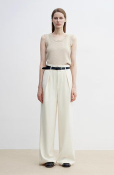 Women's white straight casual wide waist drape floor - length wide leg pants - variant_title