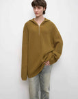 Women's zipper round neck wool hoodie oversized sweater Boyfriend Fit cozy long sleeve,"Autumn Ticket" - variant_title