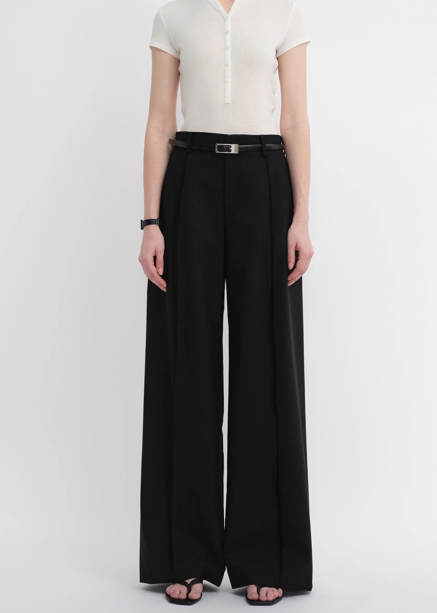 Worsted wool commuter classic drapey raw edge loose straight wide - leg pants - variant_title