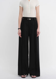 Worsted wool commuter classic drapey raw edge loose straight wide - leg pants - variant_title