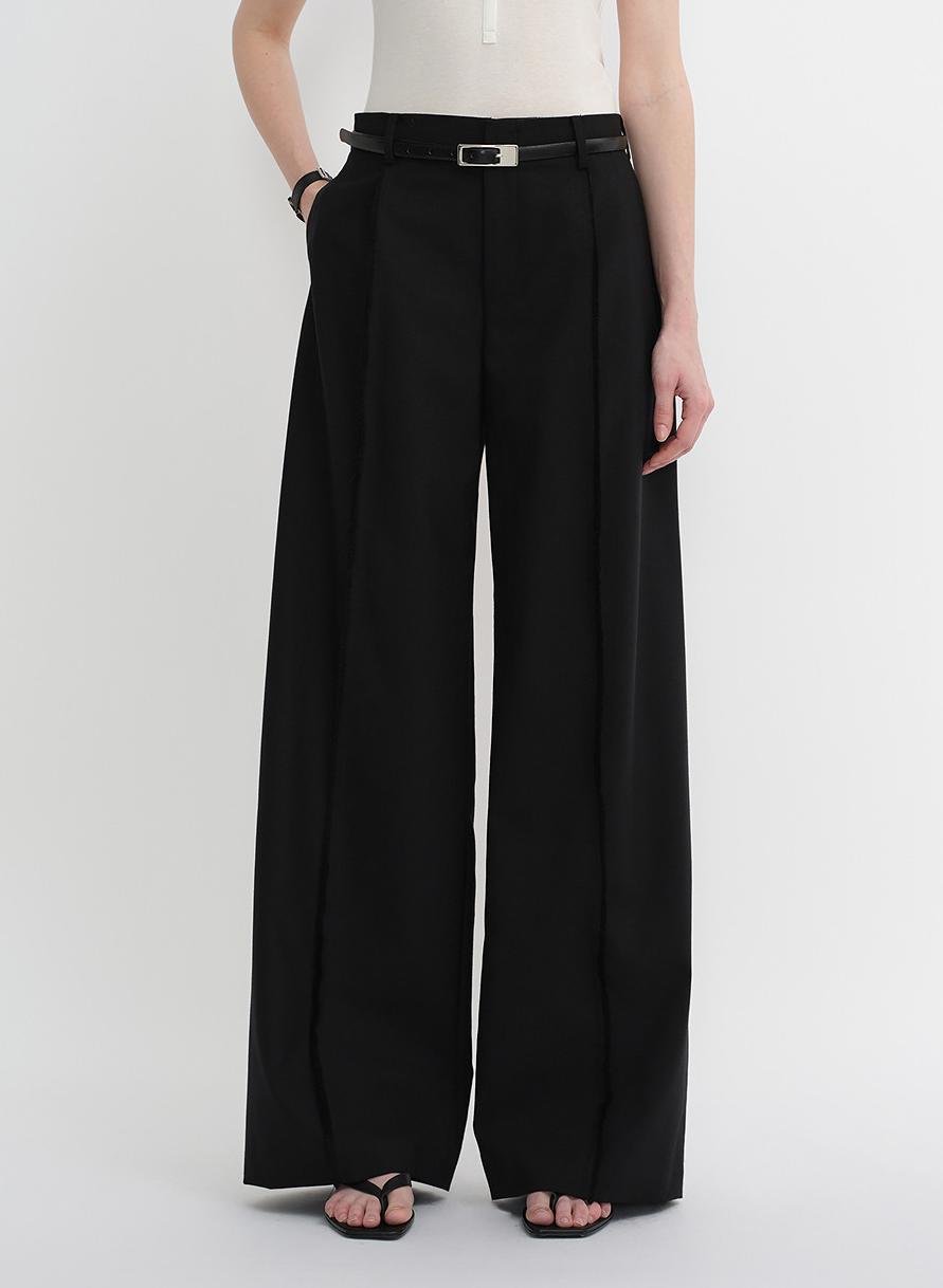 Worsted wool commuter classic drapey raw edge loose straight wide - leg pants - variant_title