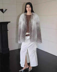 Model wearing Yukino Dream Sunlight Fox natural color coat, full-length view