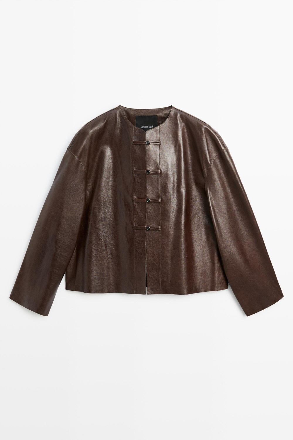 Closed flat-lay jacket shows four round fasteners with paired horizontal tabs