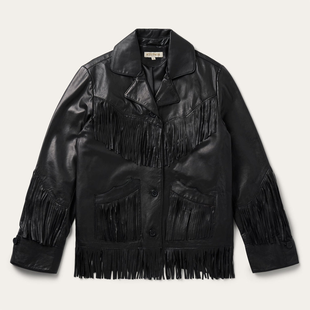 Black jacket front with notched collar, front buttons and fringe across the chest yokes, sleeves, pockets and hem