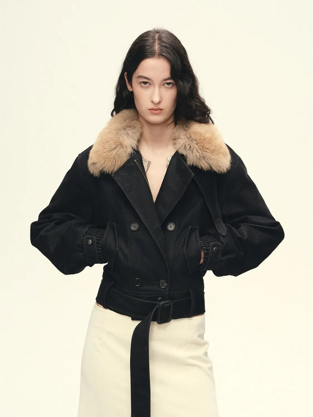 Black cropped double-breasted parka with Toscana collar and belt, worn with a light lower outfit