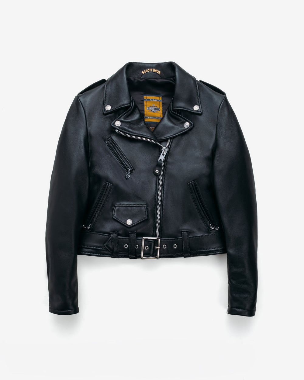 Black Schott 218W cropped Perfecto jacket shown in manufacturer product photography.