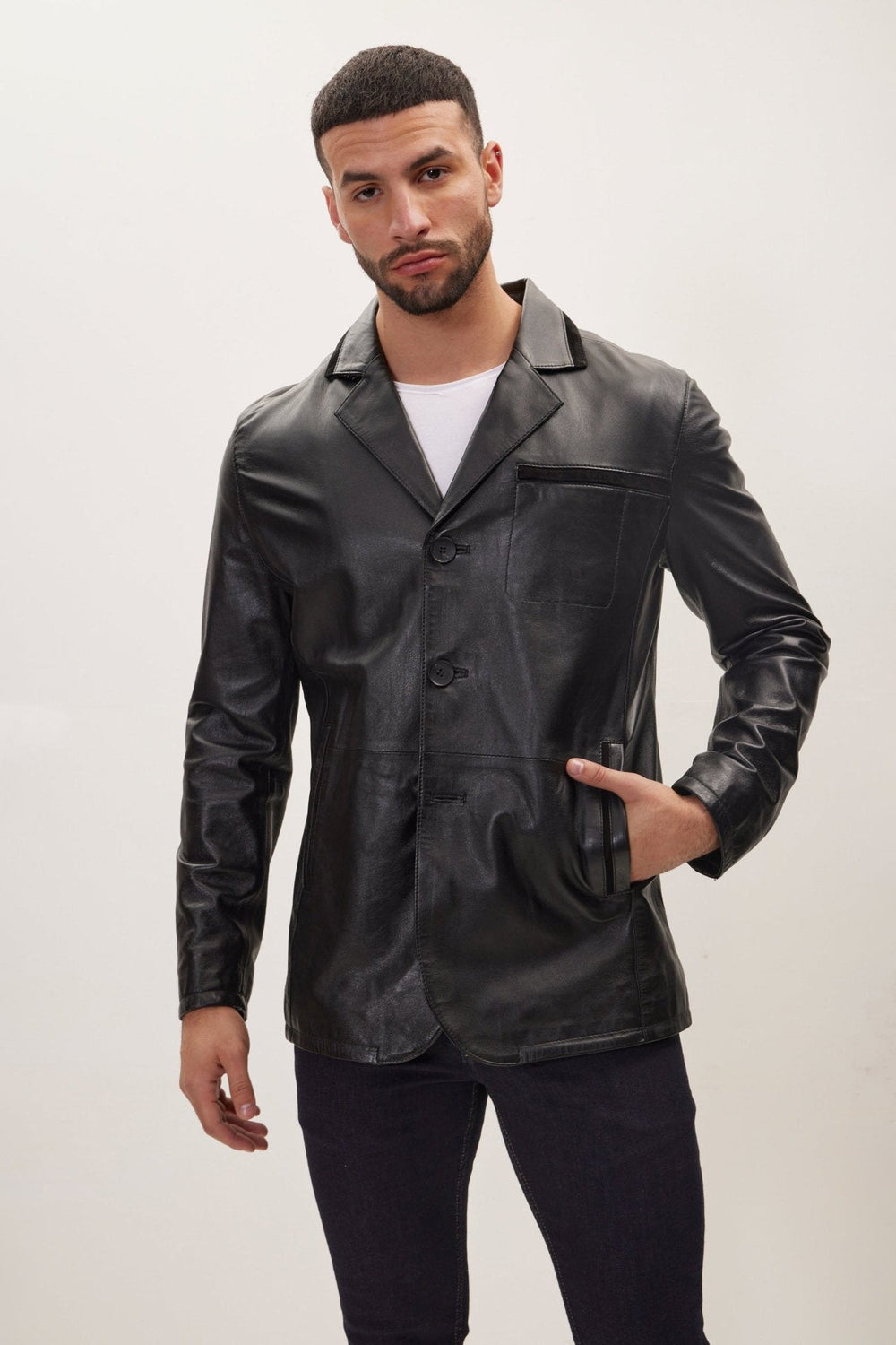 Black Ron Tomson three-button leather blazer