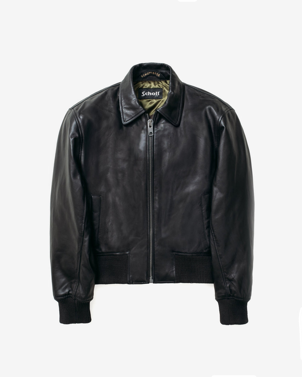 Black Schott leather bomber with shirt collar, central zip and knit waistband