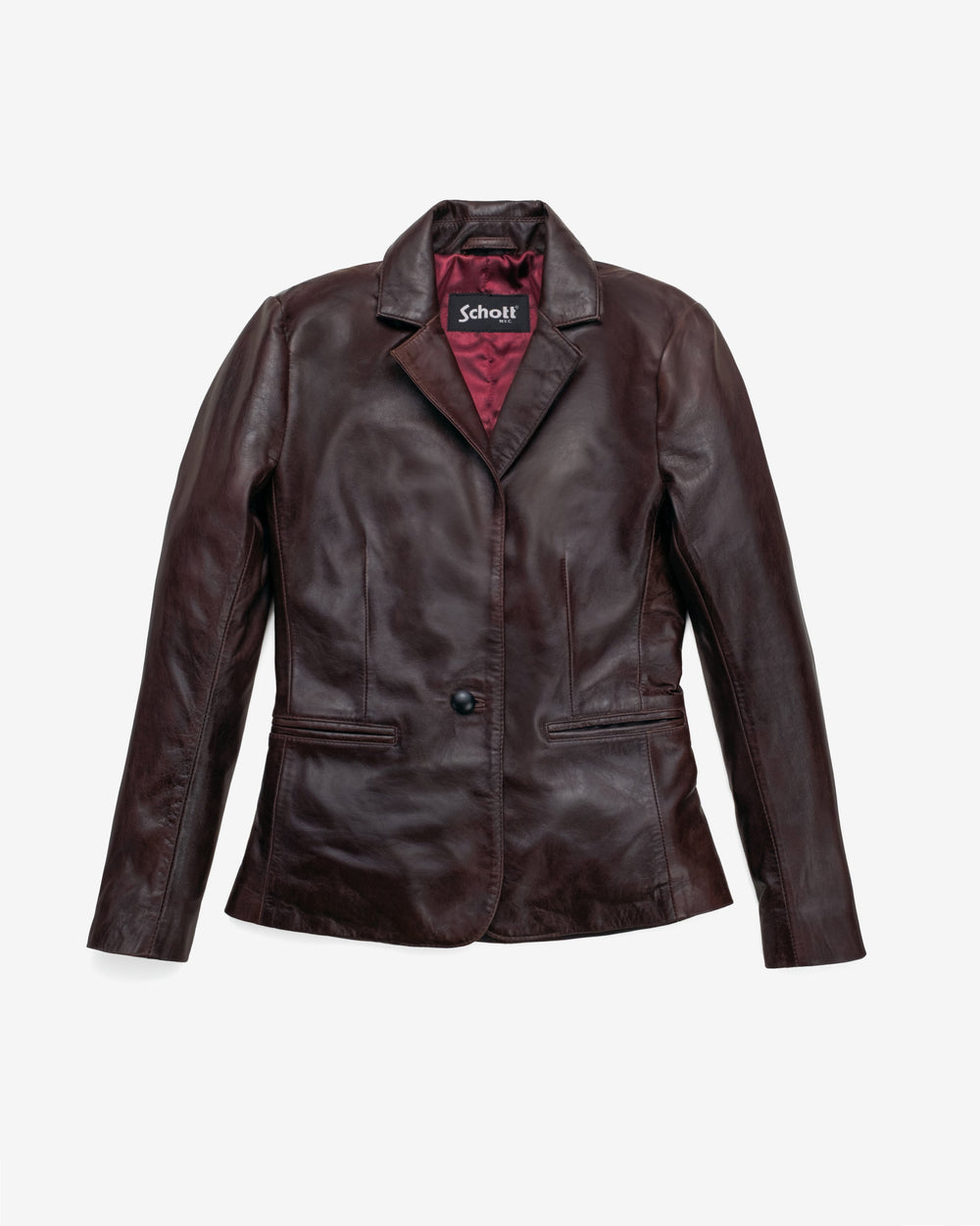 Brown Schott leather blazer with notched lapels, a single button and welt pockets
