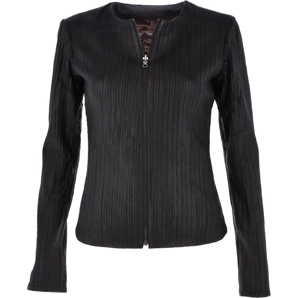 Estimo Tiana black leather face with collarless neckline, zip front and vertical strip detail
