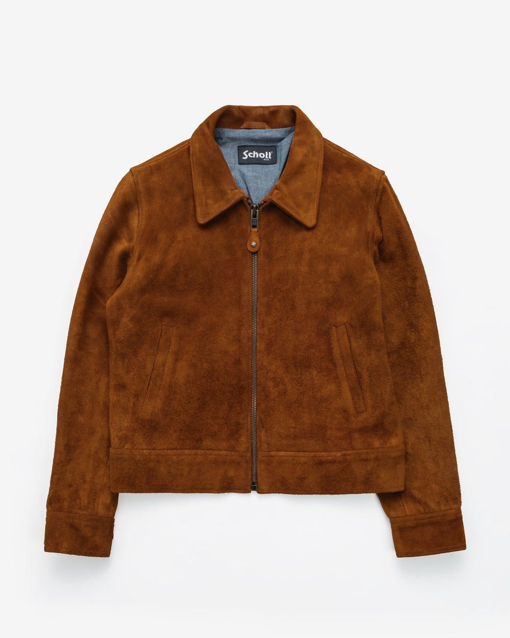 Schott 3475W roughout trucker: the central zipper, shirt collar and side-entry pockets are visible.