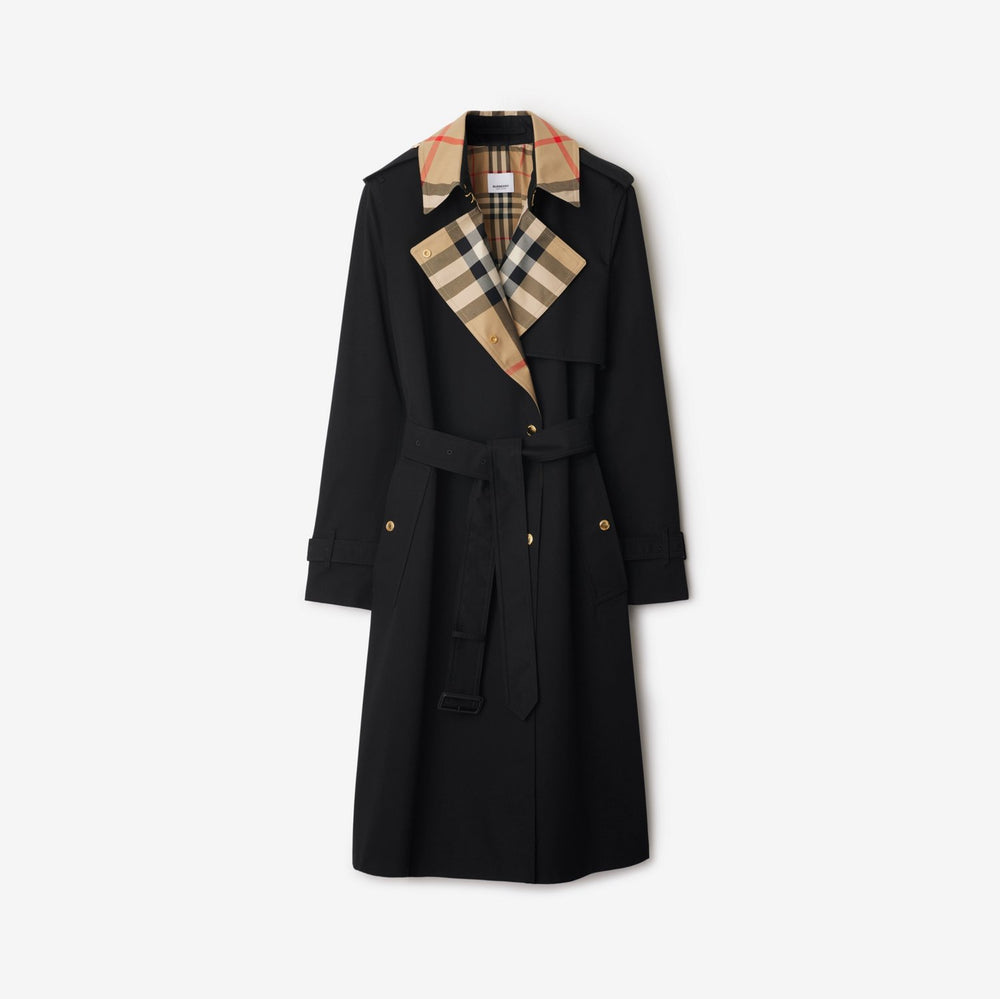 Black Burberry fabric trench coat with a belt, check collar and single-breasted front