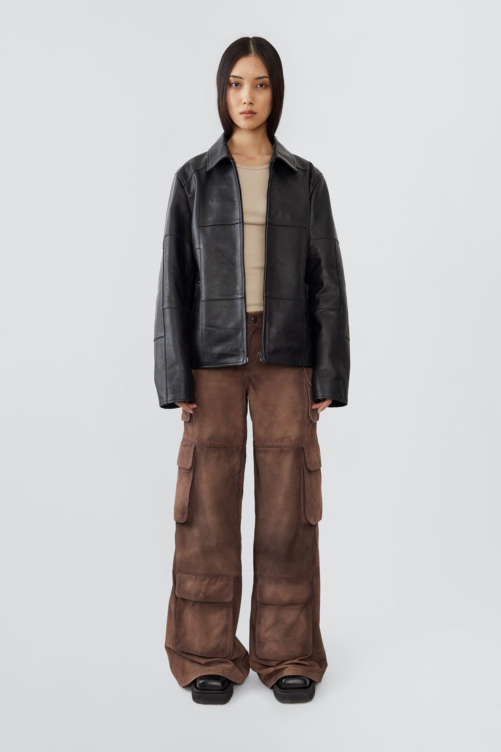 Black Deadwood Bruno Patch leather jacket showing panel seams