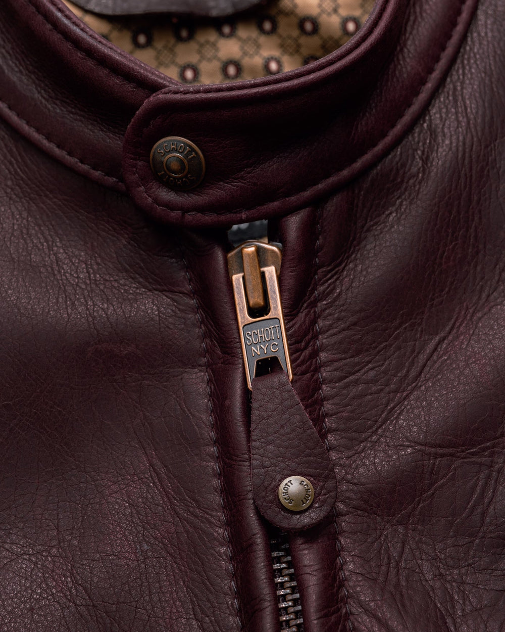 Wine Schott leather collar with snap tab and zipper pull