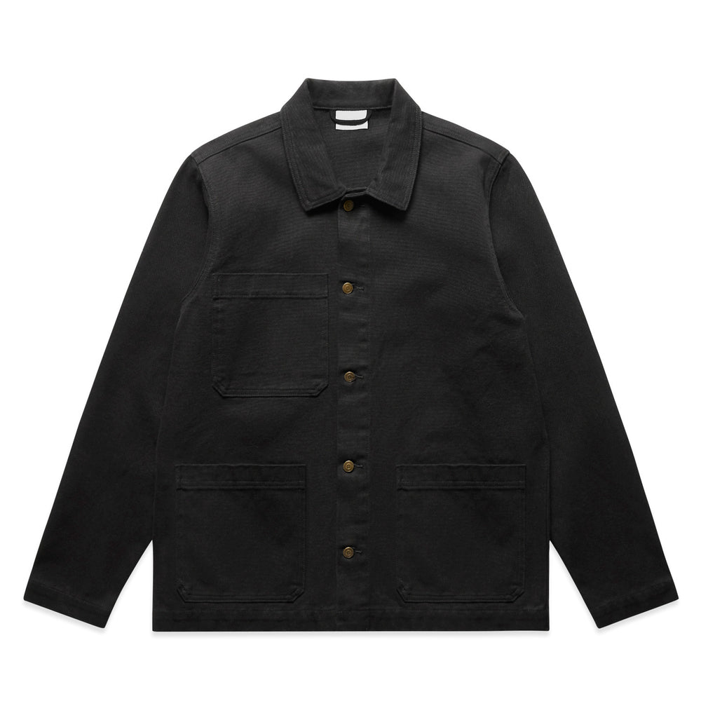 Black AS Colour canvas chore jacket with shirt collar and three patch pockets