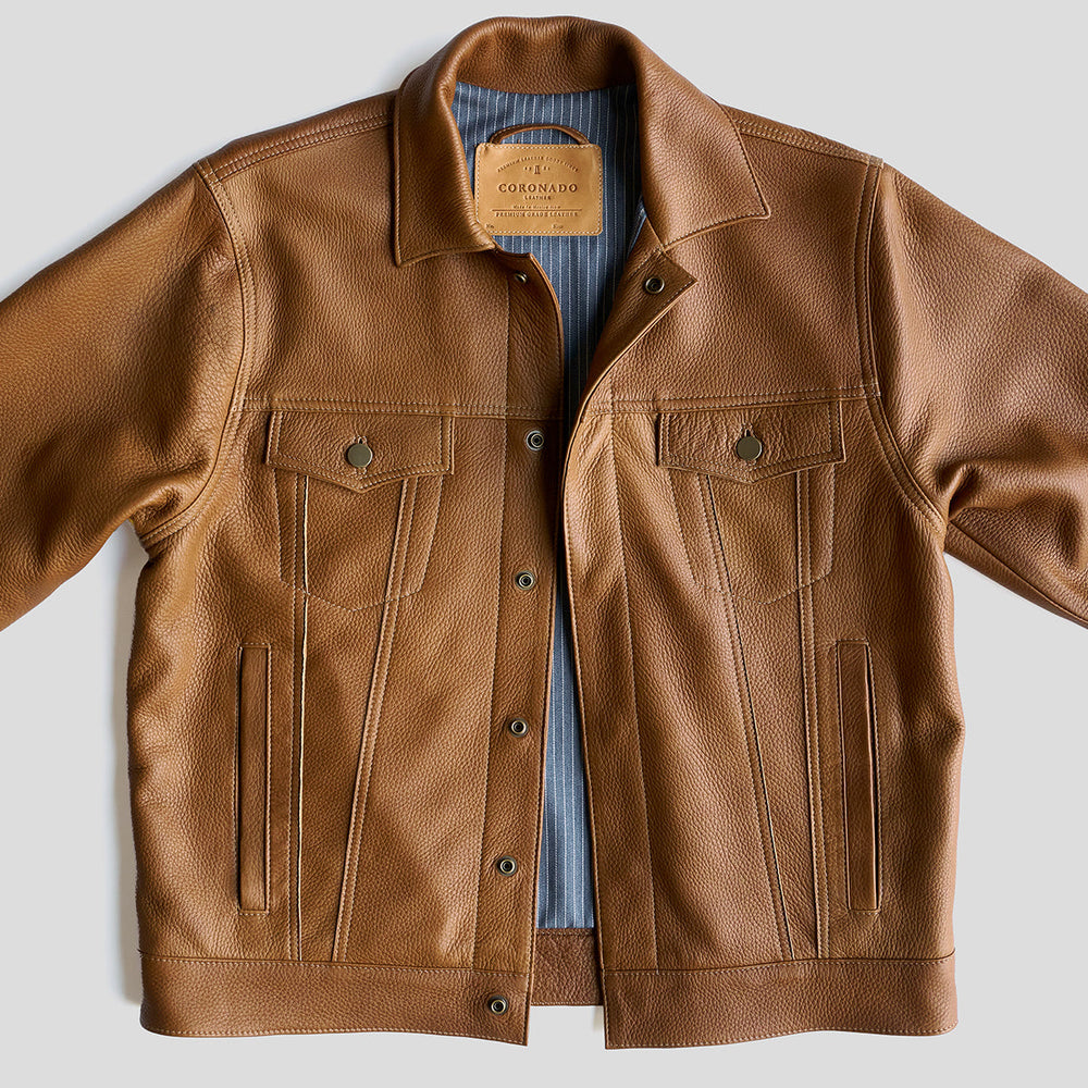 Coronado tan Deerskin Dean jacket with visible pebble grain, snap front and chest pockets