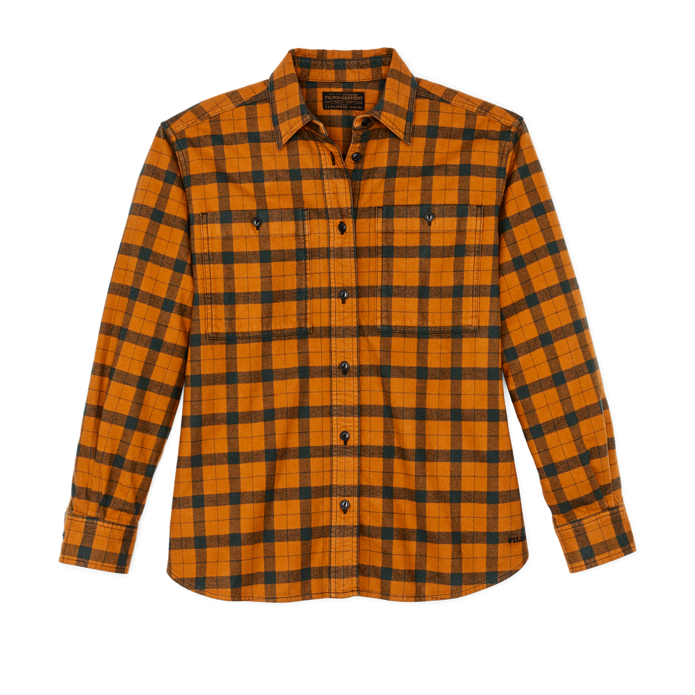 Orange and dark green Filson flannel shirt with collar, button front and chest pockets
