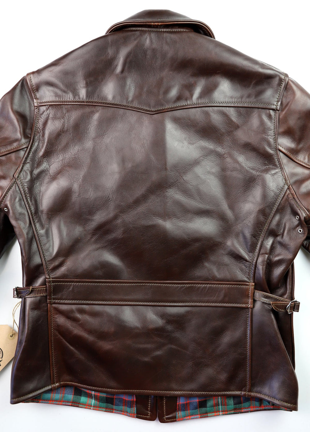 Rear of brown Aero jacket with horizontal half-belt band and side cinches