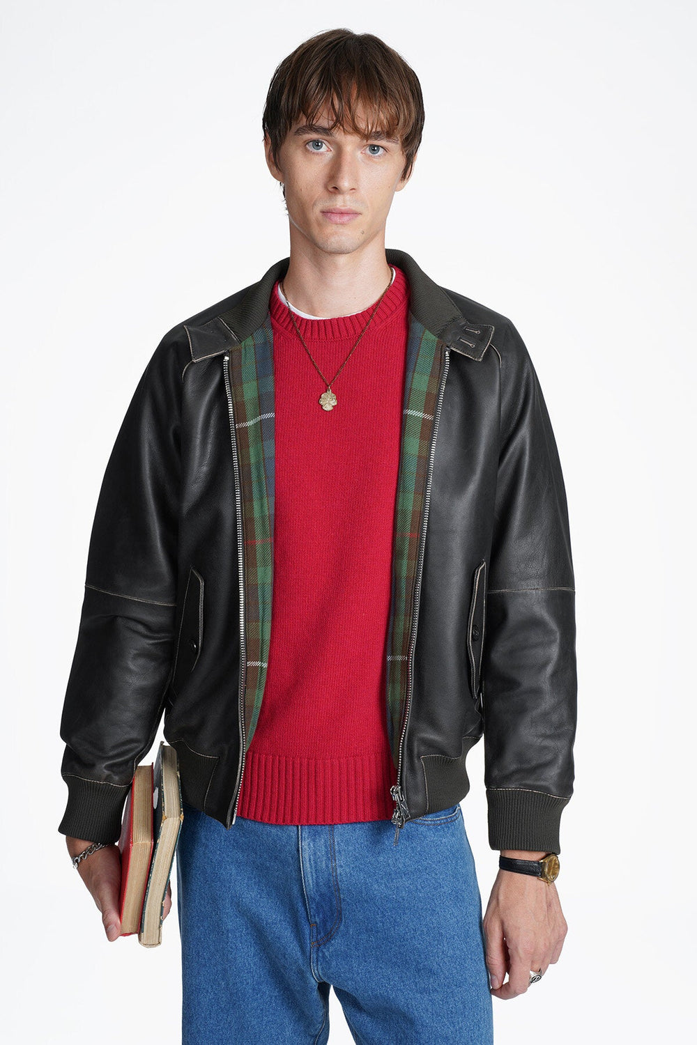 Baracuta G9 Leather worn open: compare the collar position and neckline with the layer underneath.