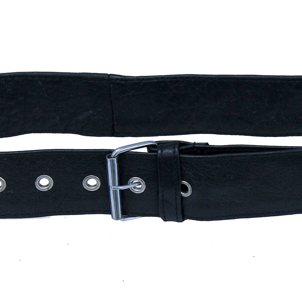 Black leather belt with metal buckle, keeper and eyelets.