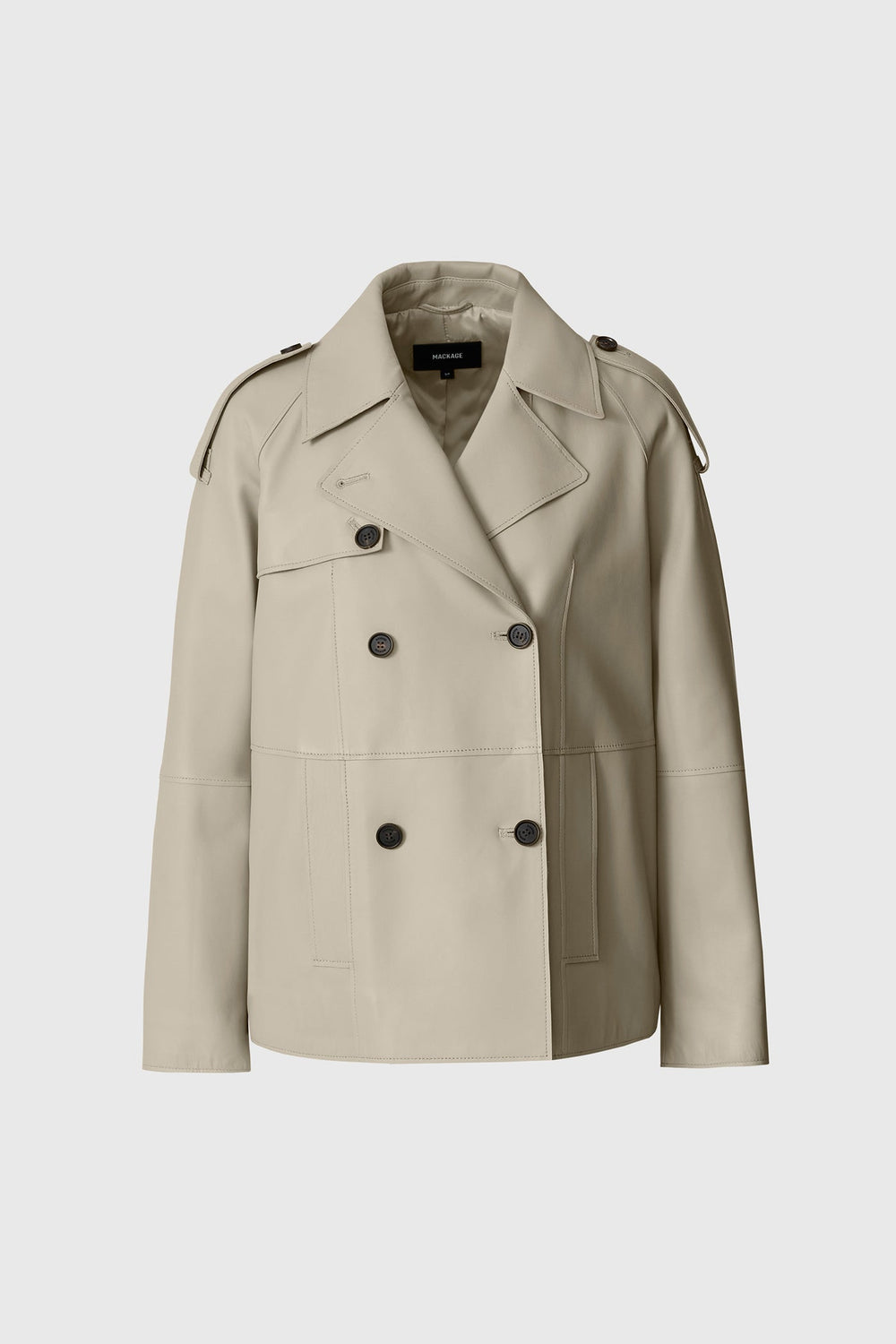 Taupe Mackage DOLORES leather jacket with broad lapels, overlapping front and shoulder tabs