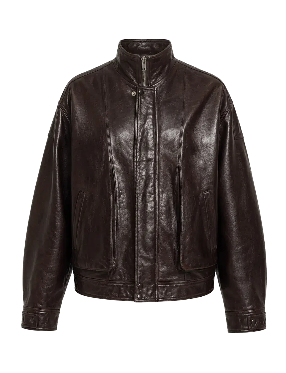 Brown stand-collar leather flight jacket with room for a winter layer
