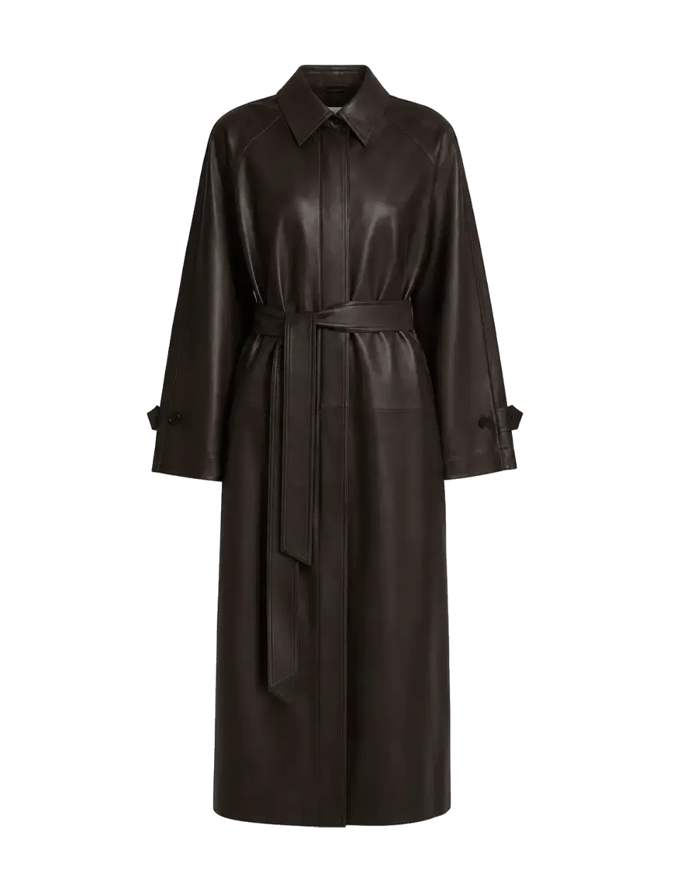 THE ARTM long dark leather coat with self-tie belt and wide cuffs
